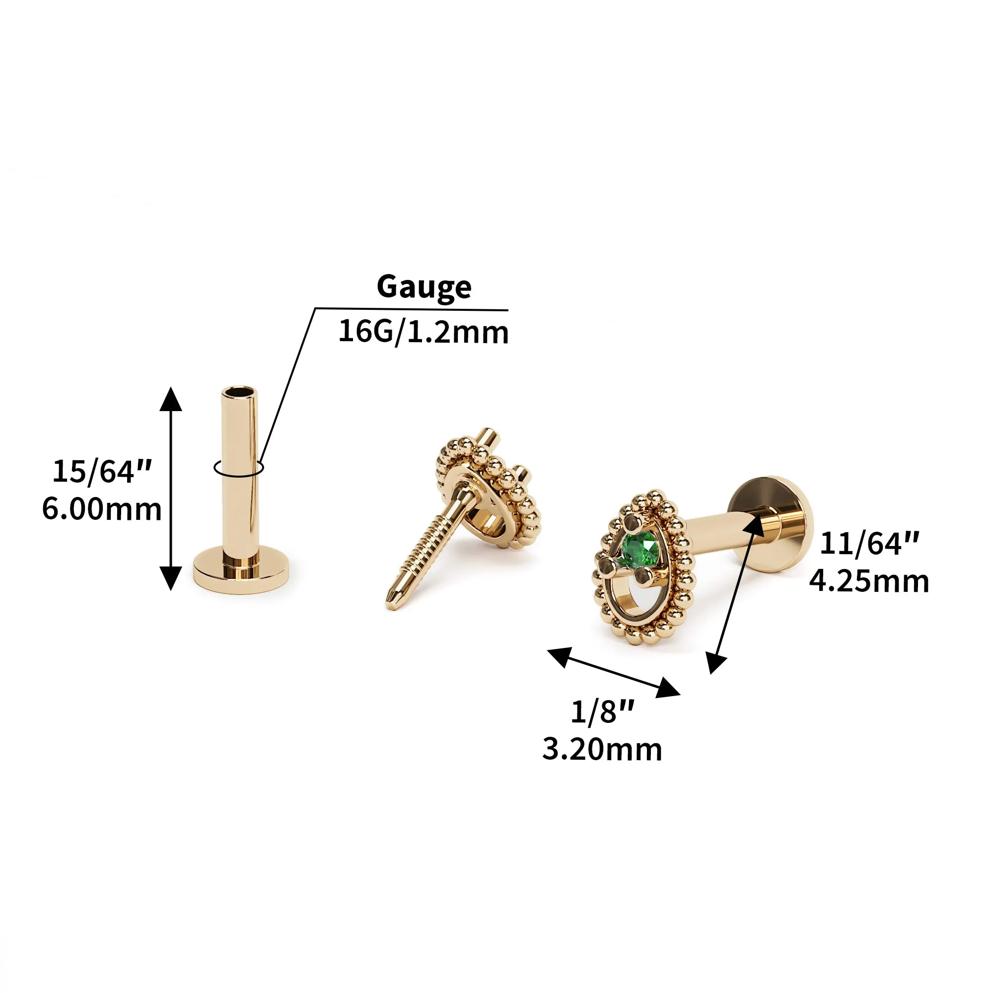 14K Gold Emerald Tear Drop Beaded Stud