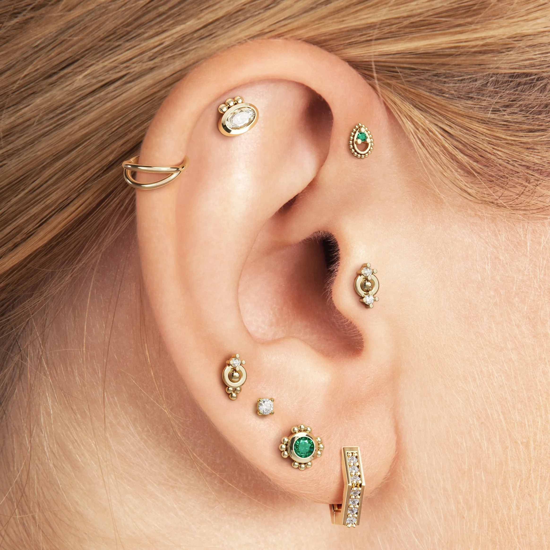 14K Gold Emerald Tear Drop Beaded Stud
