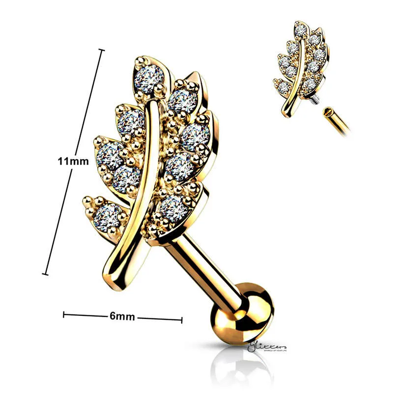 C.Z Paved Leaf Top on Internally Threaded Flat Back Stud - Gold
