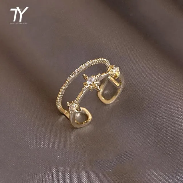 Luxury Zircon Gold Double Student Opening Rings For Woman 2021 New Fashion Gothic Finger Jewelry Wedding Party Girl's Sexy Ring