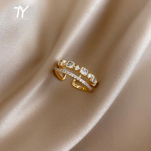 Luxury Zircon Gold Double Student Opening Rings For Woman 2021 New Fashion Gothic Finger Jewelry Wedding Party Girl's Sexy Ring