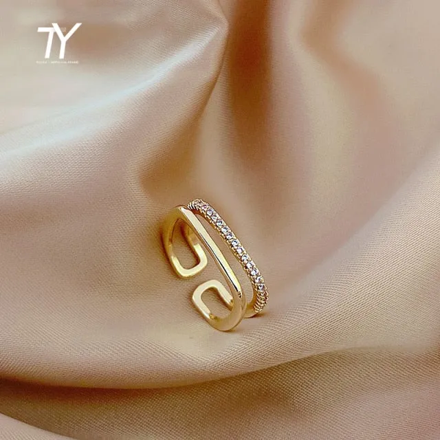 Luxury Zircon Gold Double Student Opening Rings For Woman 2021 New Fashion Gothic Finger Jewelry Wedding Party Girl's Sexy Ring